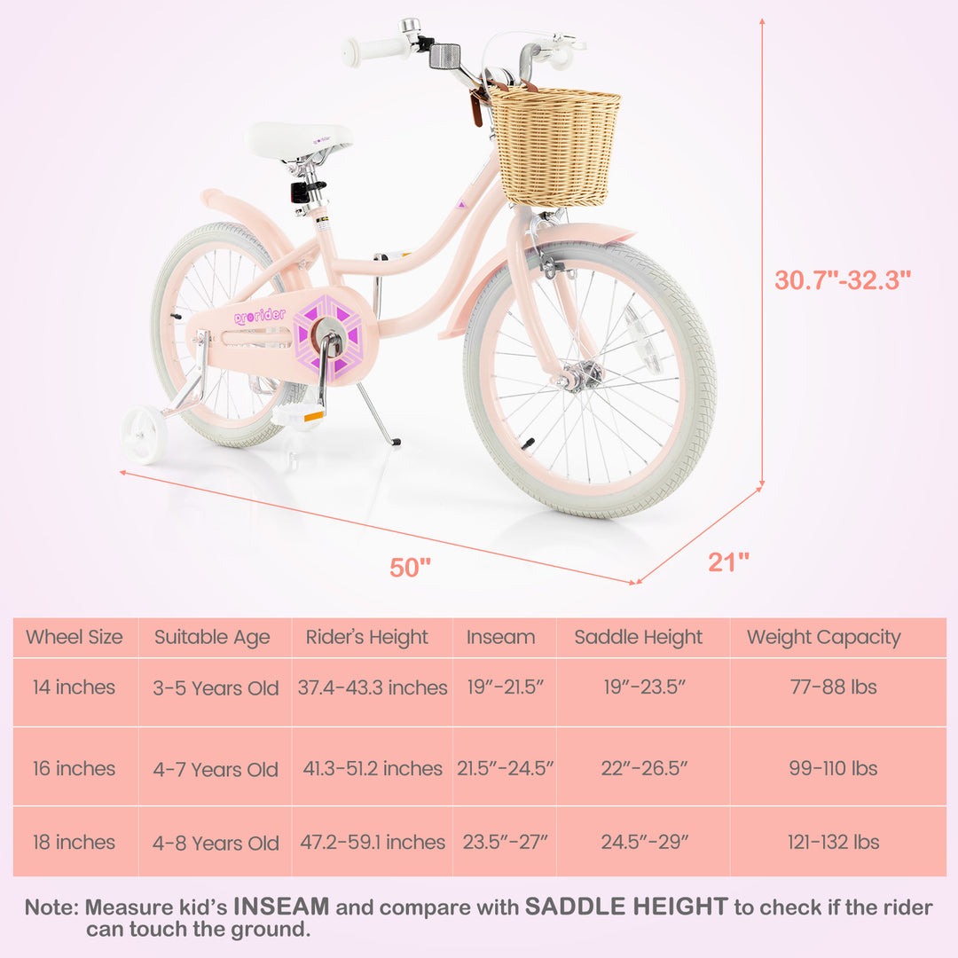 18-Inch Kids Bike with Training Wheels and Adjustable Handlebar Seat-Pink