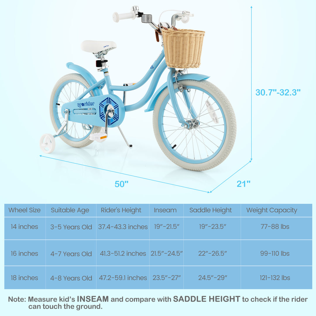 18-Inch Kids Bike with Training Wheels and Adjustable Handlebar Seat-Blue