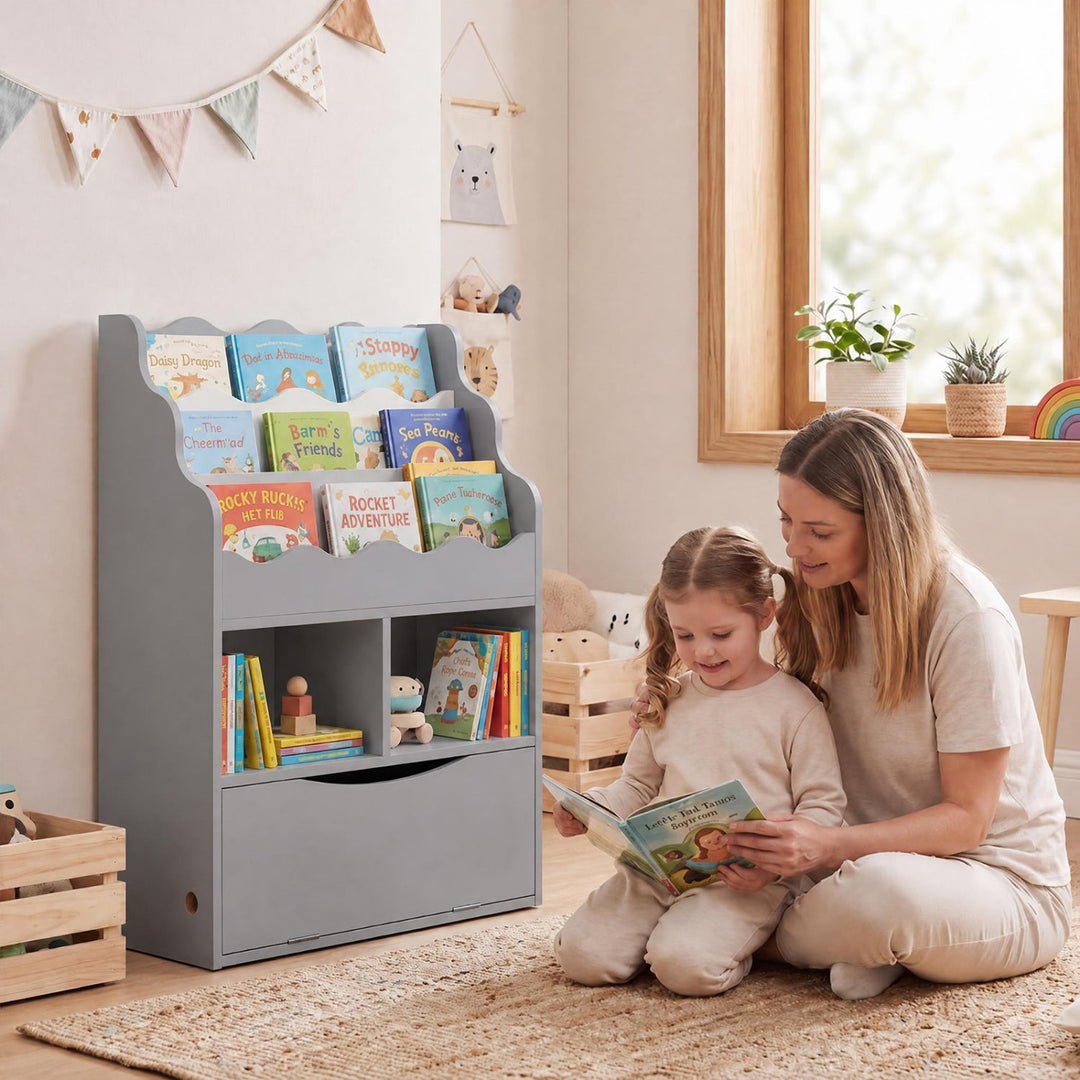 Kids 3-Tier Sling Bookcase with Storage Cabinet