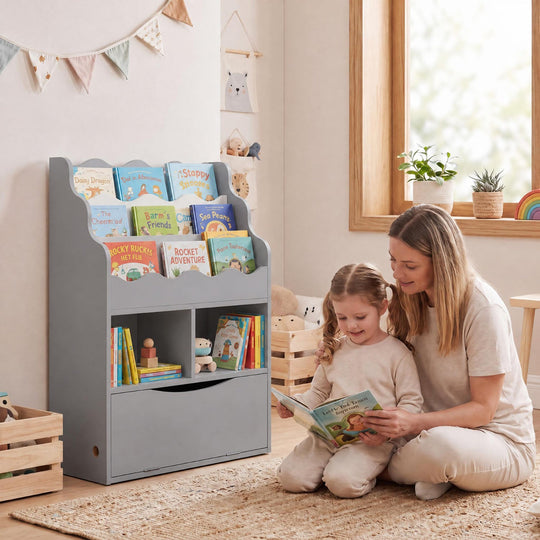 Kids 3-Tier Sling Bookcase with Storage Cabinet