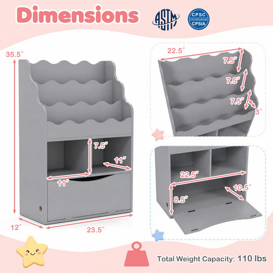 Kids 3-Tier Sling Bookcase with Storage Cabinet