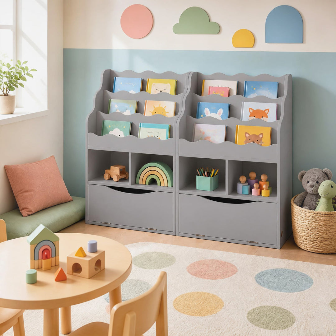 Kids 3-Tier Sling Bookcase with Storage Cabinet