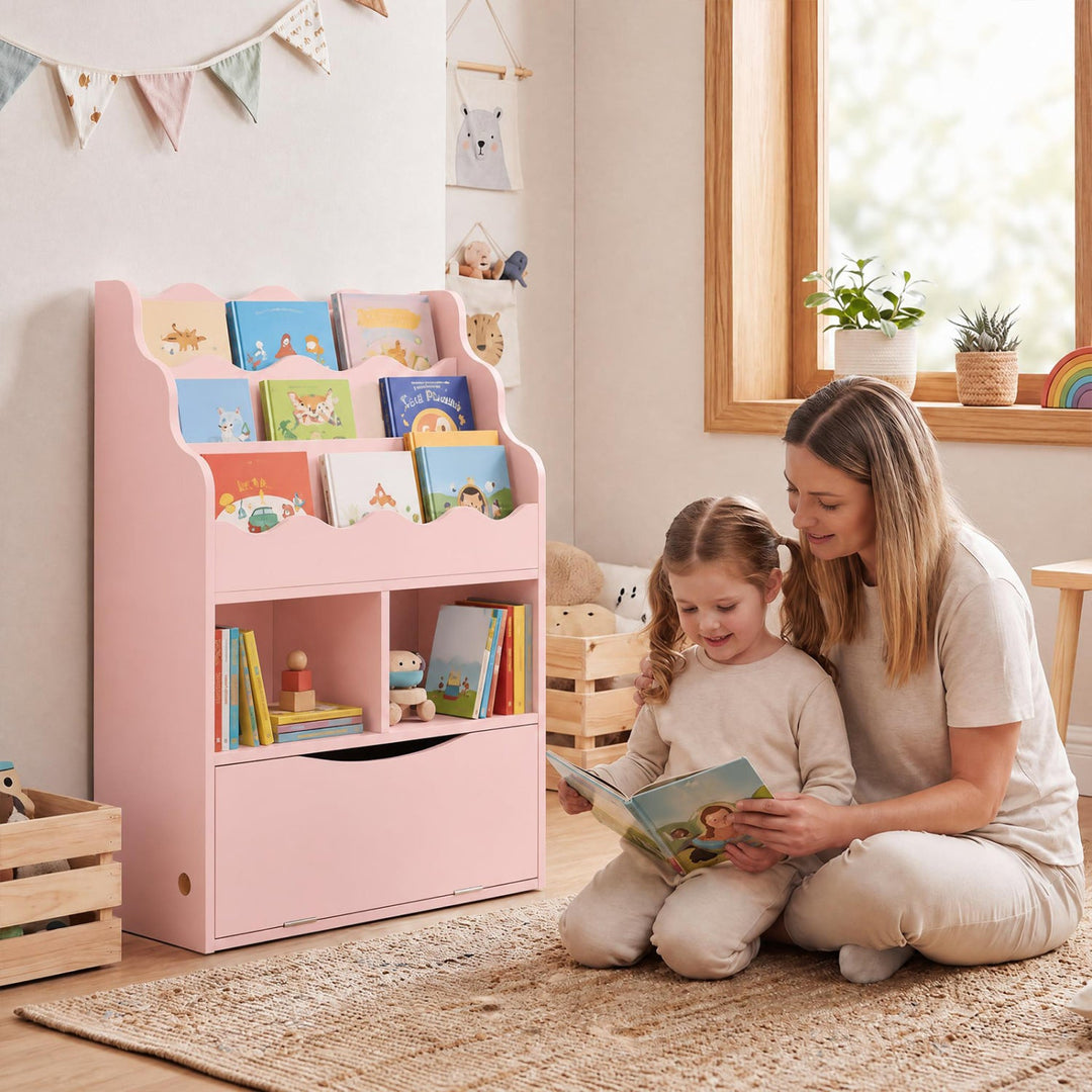 Kids 3-Tier Sling Bookcase with Storage Cabinet