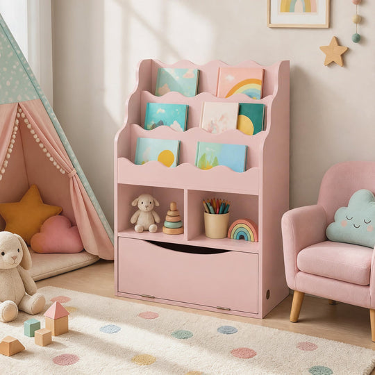 Kids 3-Tier Sling Bookcase with Storage Cabinet