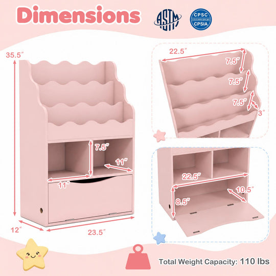 Kids 3-Tier Sling Bookcase with Storage Cabinet