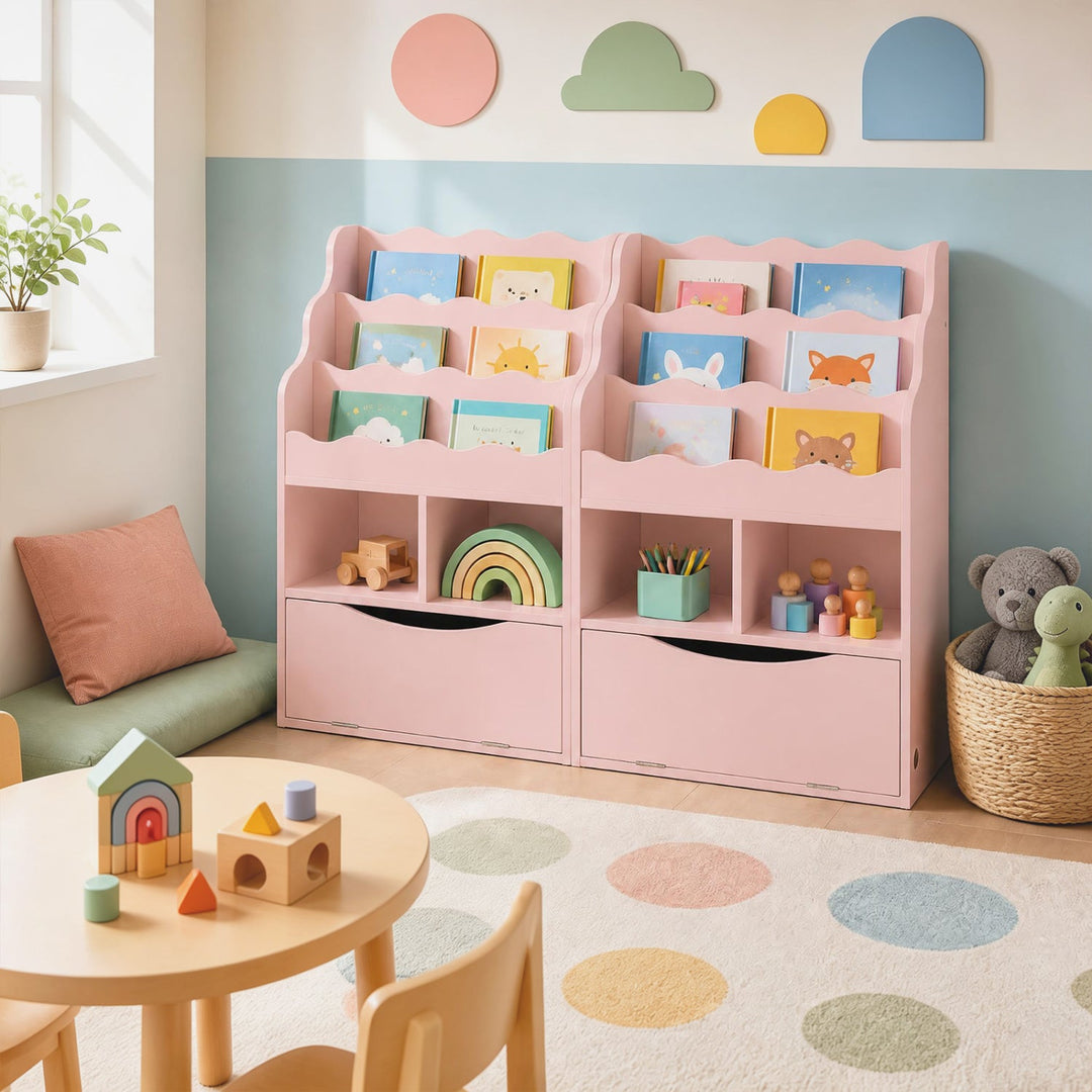 Kids 3-Tier Sling Bookcase with Storage Cabinet