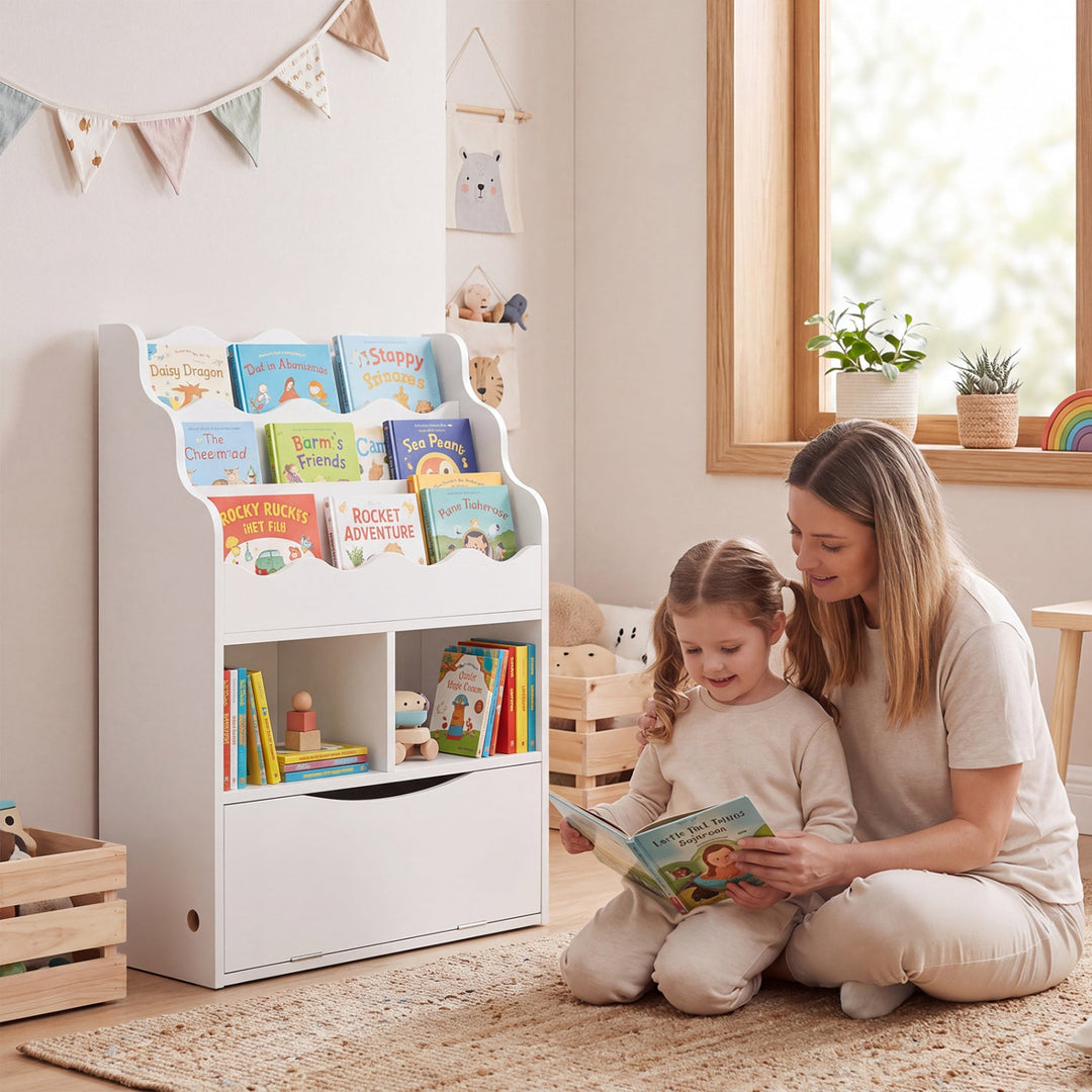 Kids 3-Tier Sling Bookcase with Storage Cabinet
