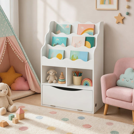 Kids 3-Tier Sling Bookcase with Storage Cabinet