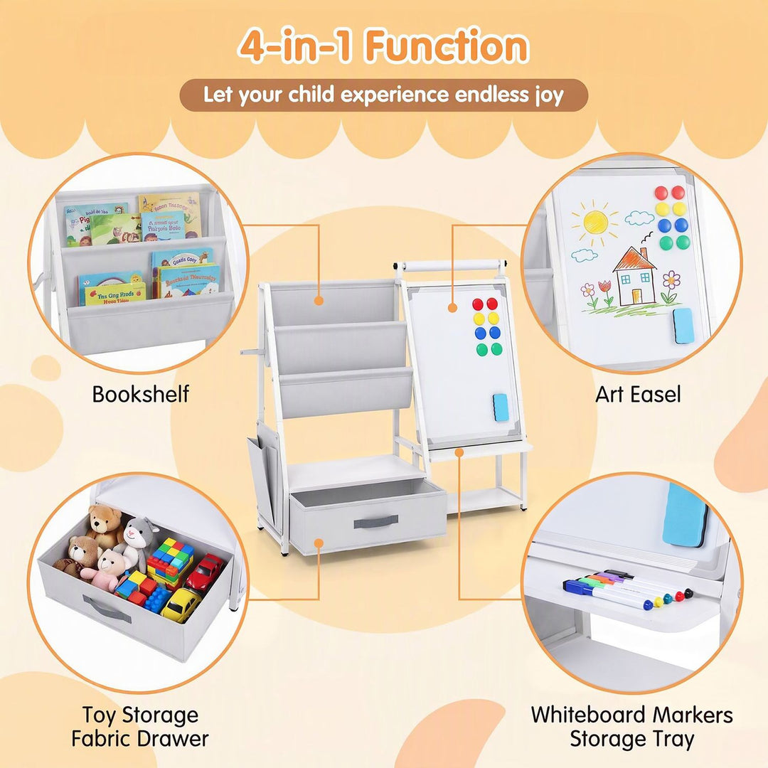 Kids Bookshelf Art Easel with Toy Organizer and Magnetic Whiteboard