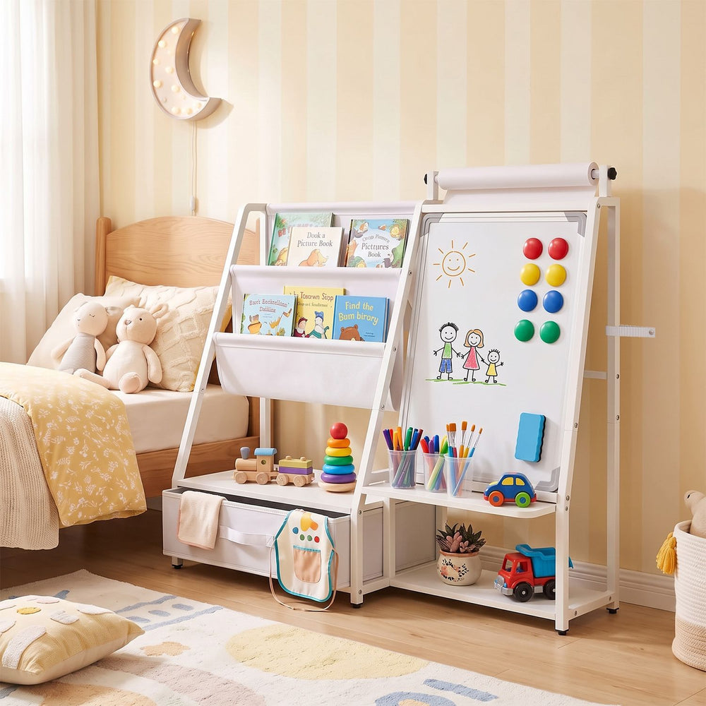 Kids Bookshelf Art Easel with Toy Organizer and Magnetic Whiteboard