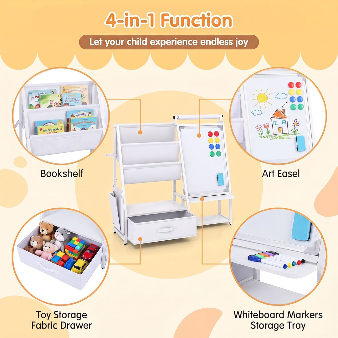Kids Bookshelf Art Easel with Toy Organizer and Magnetic Whiteboard