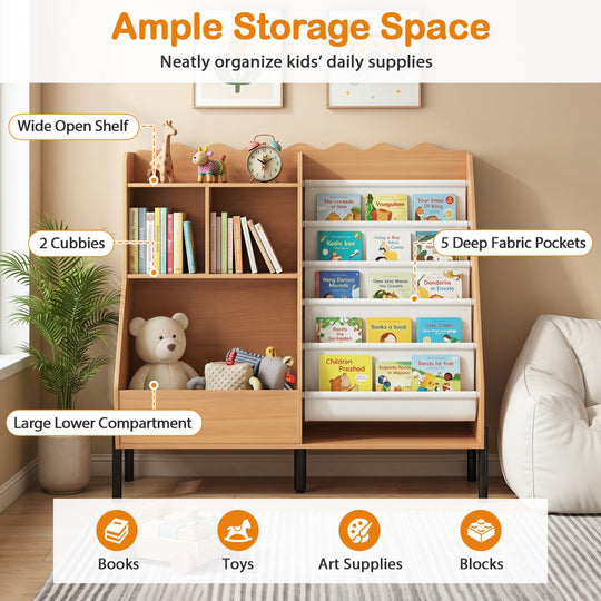 Kids Bookshelf and Toy Storage Organizer with 5 Fabric Pockets