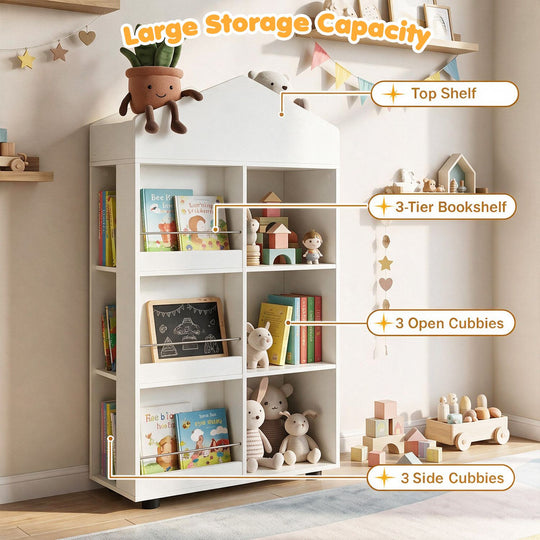 Kids Bookshelf and Toy Storage Organizer 4-Tier House-Shaped Toddler Bookcase