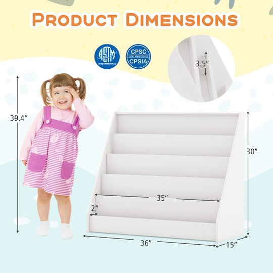 5-Tier Kids Bookshelf with Deep Compartments and Stable Baby Book Case-White