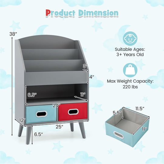 Kids Bookshelf with Open Compartment for Toddlers 3+ Years Old-Gray