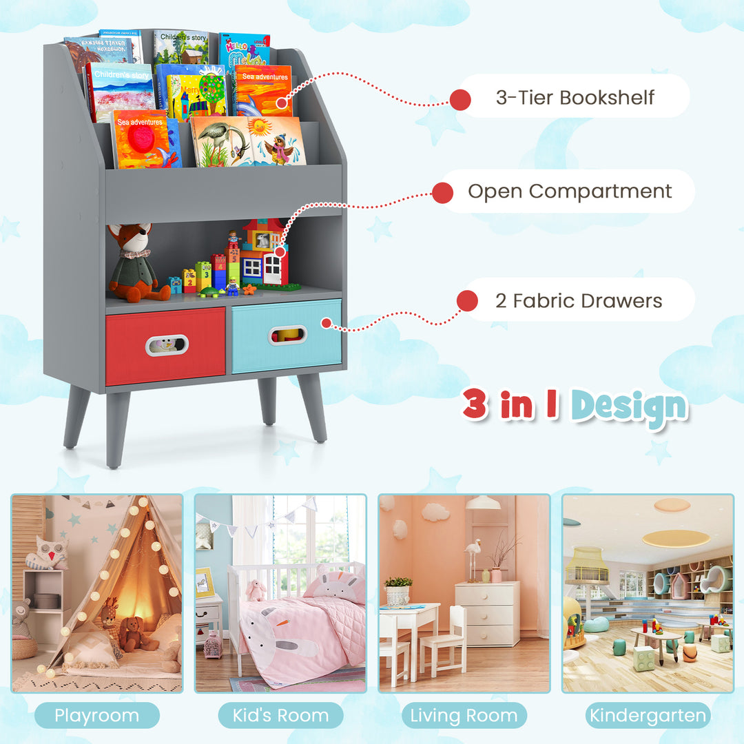 Kids Bookshelf with Open Compartment for Toddlers 3+ Years Old-Gray