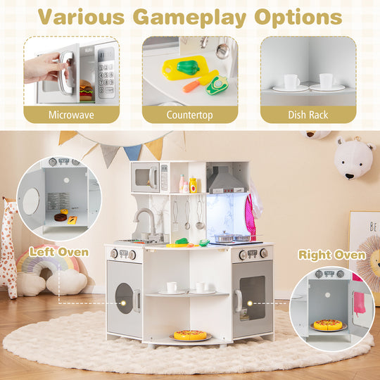 Kids Corner Wooden Play Kitchen with Range Hood and Stoves-Gray