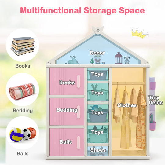 Kids Costume Storage Closet with Storage Bins and Shelves and Side Baskets for Kids Room-Pink