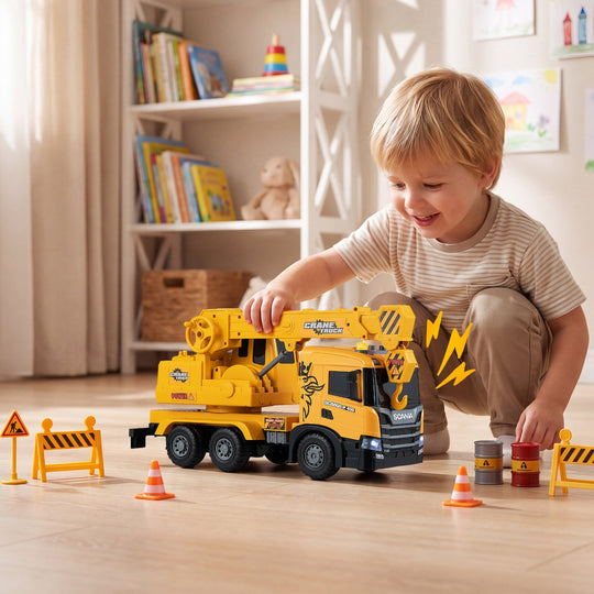 Crane Truck Toy with Telescopic Arm and Sounds - Yellow
