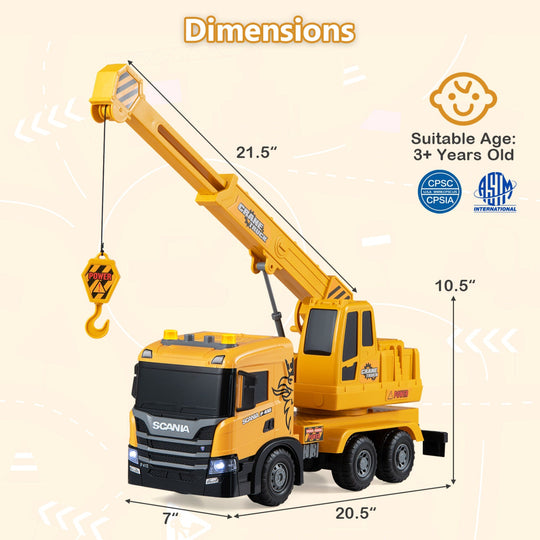 Crane Truck Toy with Telescopic Arm and Sounds - Yellow