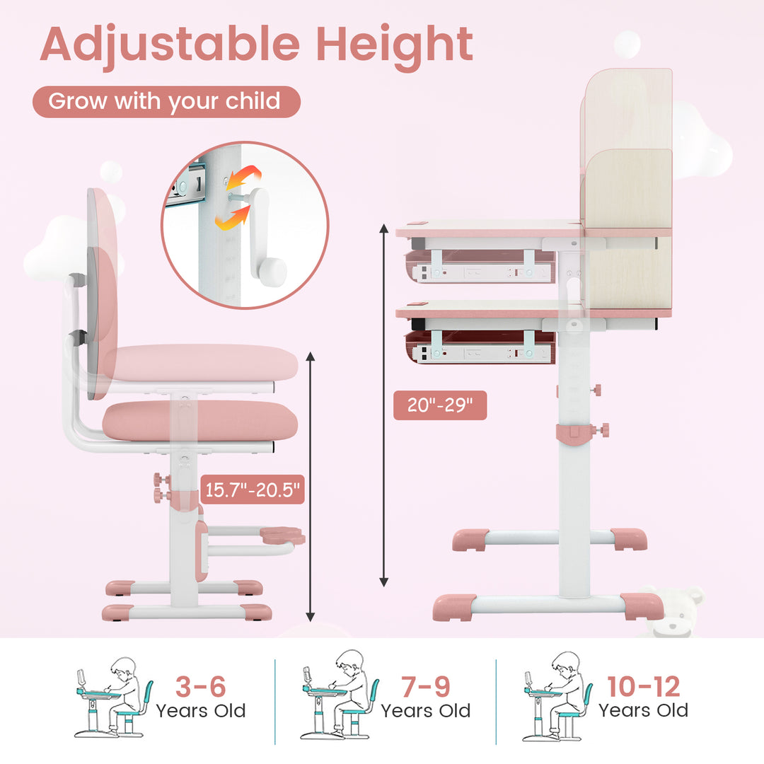 Kids Desk and Chair Set with Adjustable Height and Tilted Desktop-Pink
