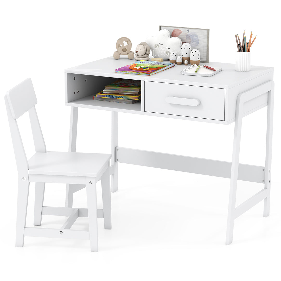 Kids Desk and Chair Set with Storage Drawer and Hutch-White