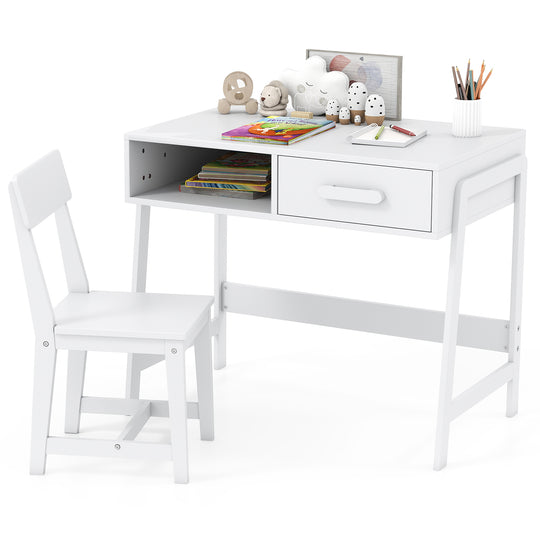 Kids Desk and Chair Set with Storage Drawer and Hutch-White