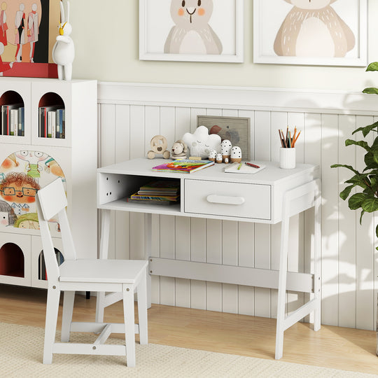 Kids Desk and Chair Set with Storage Drawer and Hutch-White