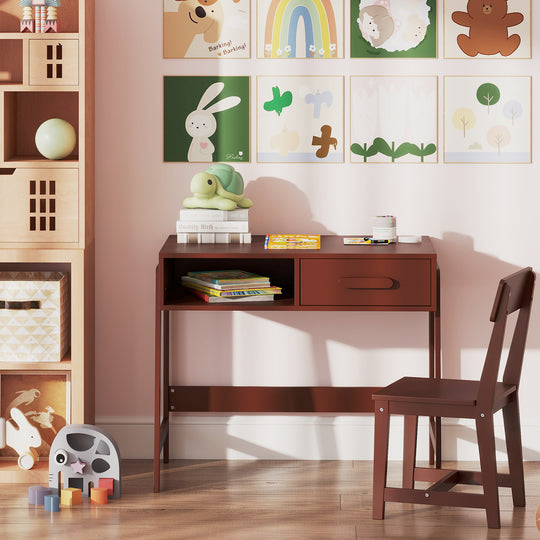 Kids Desk and Chair Set with Storage Drawer and Hutch-Brown