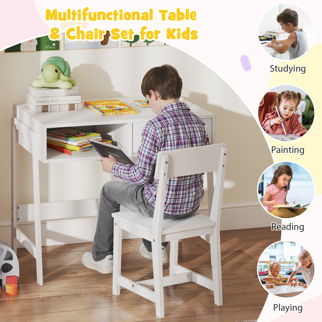 Kids Desk and Chair Set with Storage Drawer and Hutch-White
