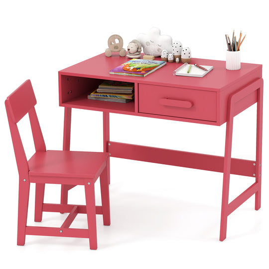 Kids Desk and Chair Set with Storage Drawer and Hutch-Pink