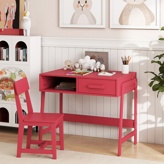 Kids Desk and Chair Set with Storage Drawer and Hutch-Pink