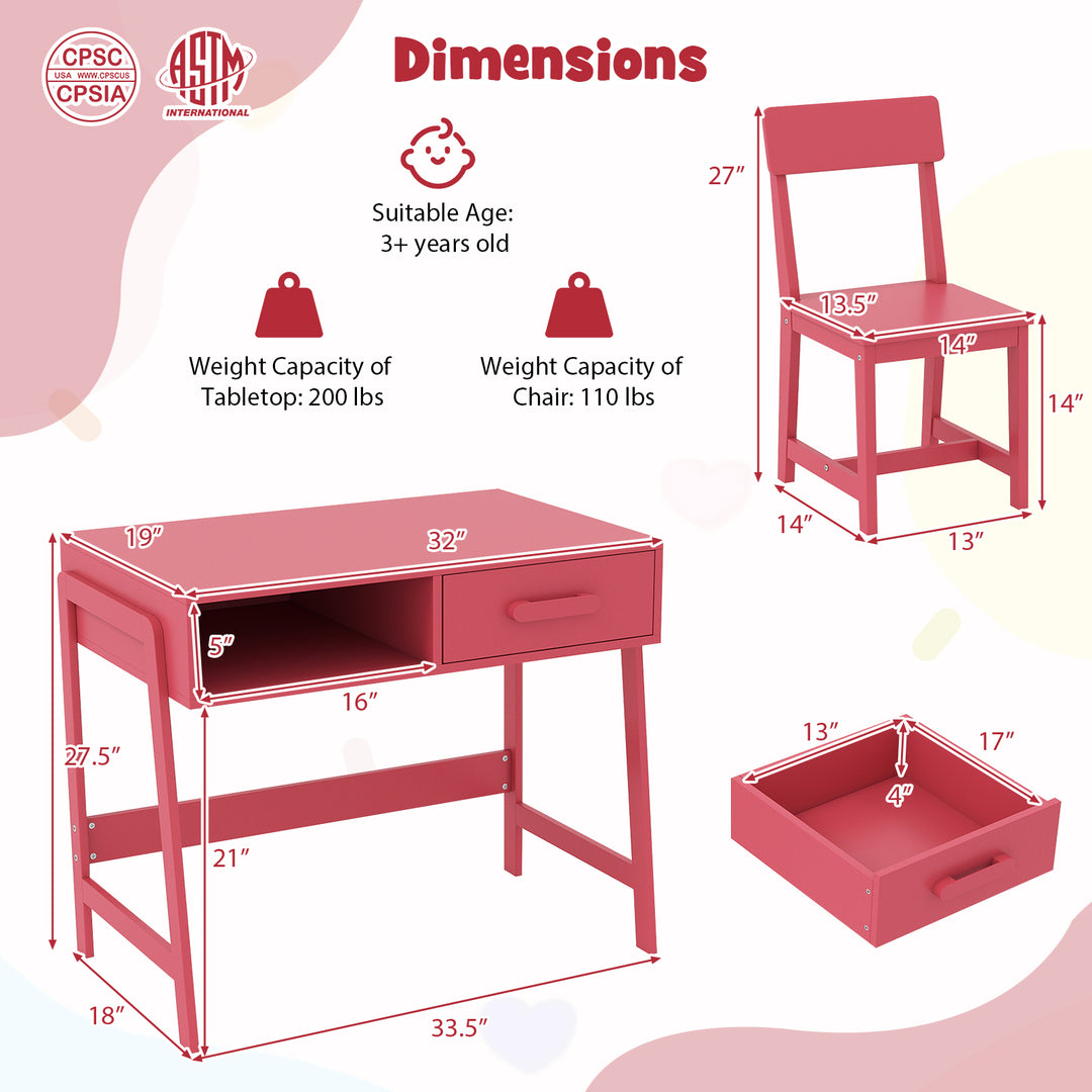 Kids Desk and Chair Set with Storage Drawer and Hutch-Pink