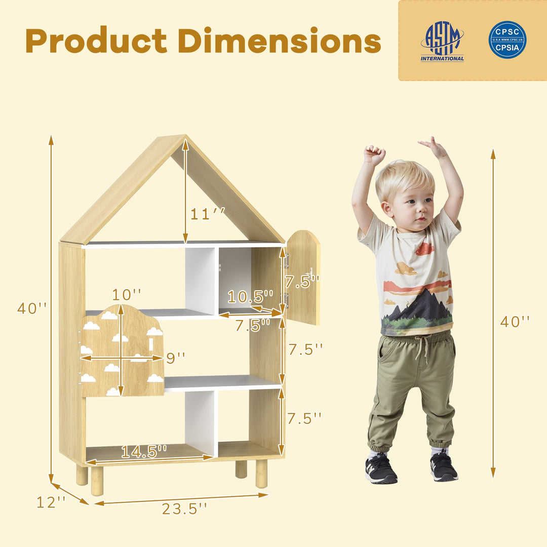 Kids Dollhouse Bookshelf House-shaped Bookcase Children Toy Storage Organizer-Natural