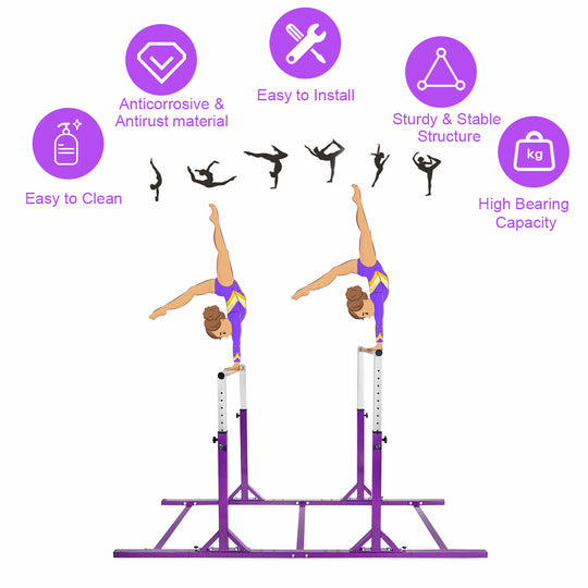 Kids Double Horizontal Bars Gymnastic Training Parallel Bars Adjustable-Purple