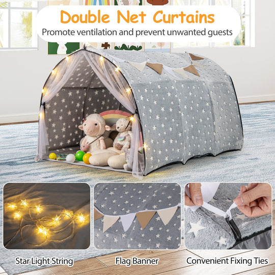 Kids Dream Bed Tent Twin Bunk Bed with Glow in the Dark Stars and Lights-Gray
