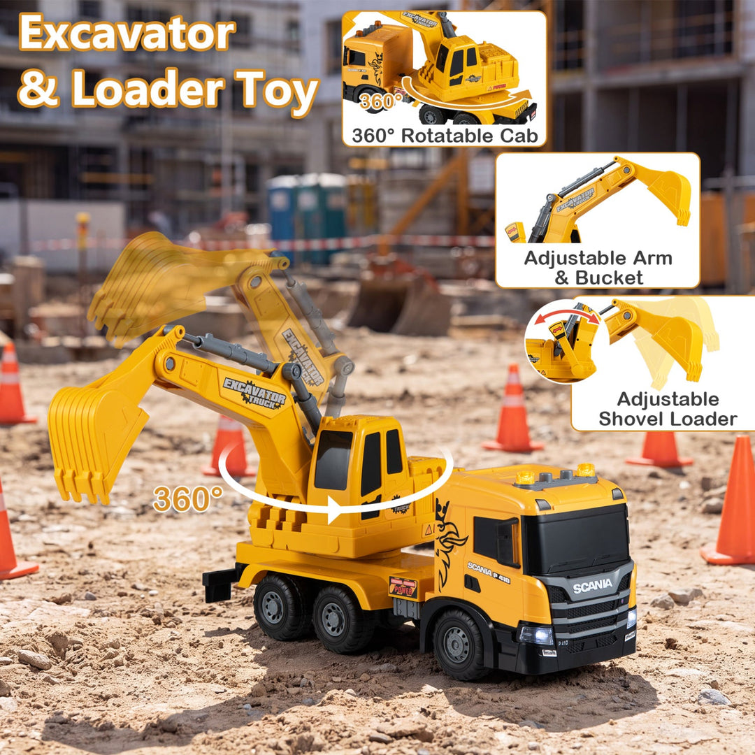 Excavator Truck Toy with Adjustable Arm and Rotating Cab