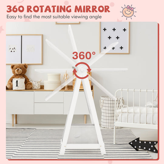 Kids Full Length Mirror 360 Degree Rotatable Dressing Mirror with Storage Bin-White
