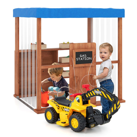 Kids Gas Station Playhouse with Gas Refueling Guns for Aged 3+-Brown