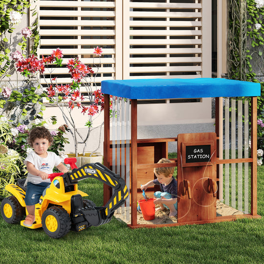 Kids Gas Station Playhouse with Gas Refueling Guns for Aged 3+-Brown