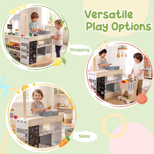 Kids Grocery Store Playset Wooden Pretend Play Supermarket with Shopping Cart