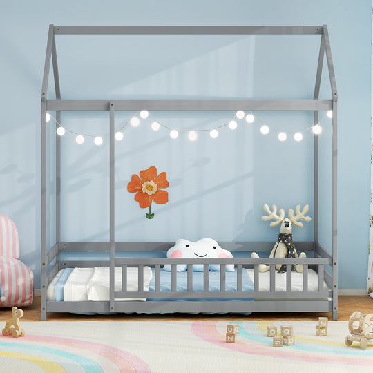 Twin Size Kids House Bed Wooden Floor Bed with Roof and Full-length Safety Guardrail-Gray