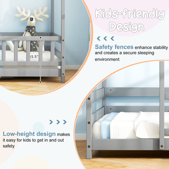 Twin Size Kids House Bed Wooden Floor Bed with Roof and Full-length Safety Guardrail-Gray
