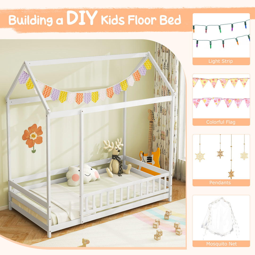 Twin Size Kids House Bed Wooden Floor Bed with Roof and Full-length Safety Guardrail-White