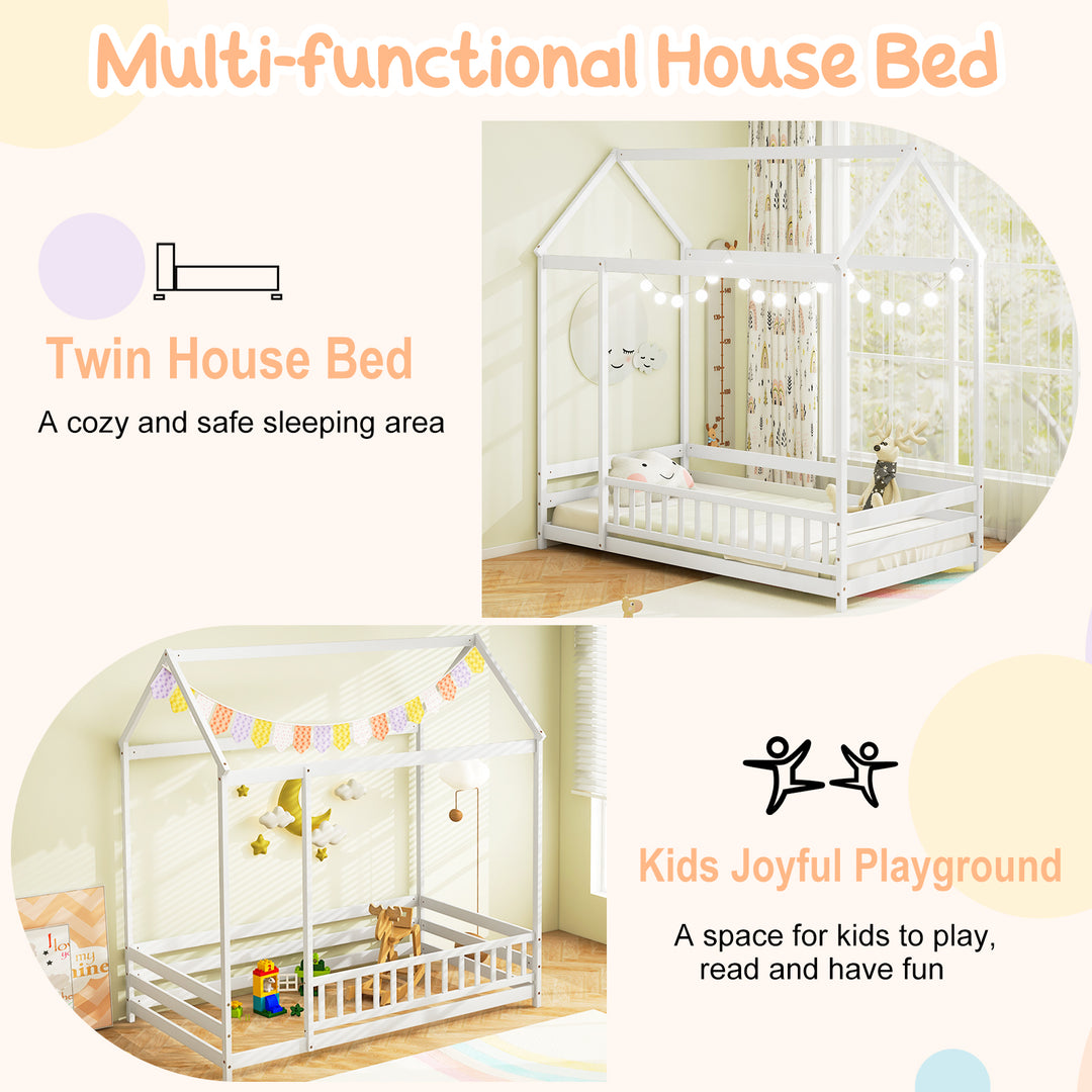 Twin Size Kids House Bed Wooden Floor Bed with Roof and Full-length Safety Guardrail-White