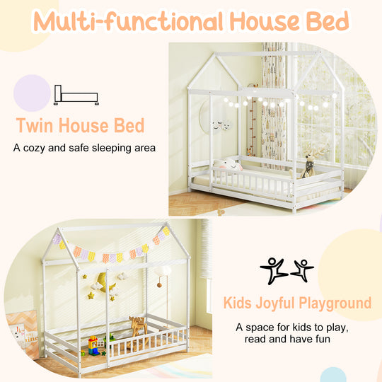 Twin Size Kids House Bed Wooden Floor Bed with Roof and Full-length Safety Guardrail-White