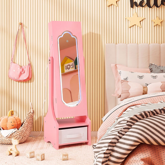 Kids Jewelry Armoire Cabinet with LED Light and Full-Length Mirror Storage Slots-Pink