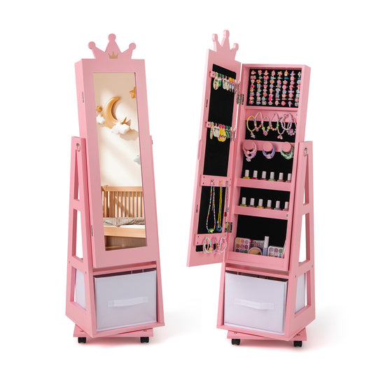 Kids Jewelry Armoire Cabinet with Swivel Base and Lockable Universal Wheels-Pink