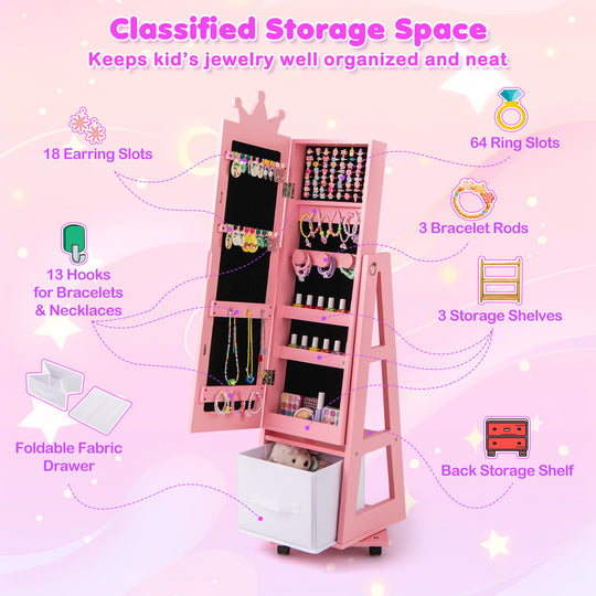 Kids Jewelry Armoire Cabinet with Swivel Base and Lockable Universal Wheels-Pink