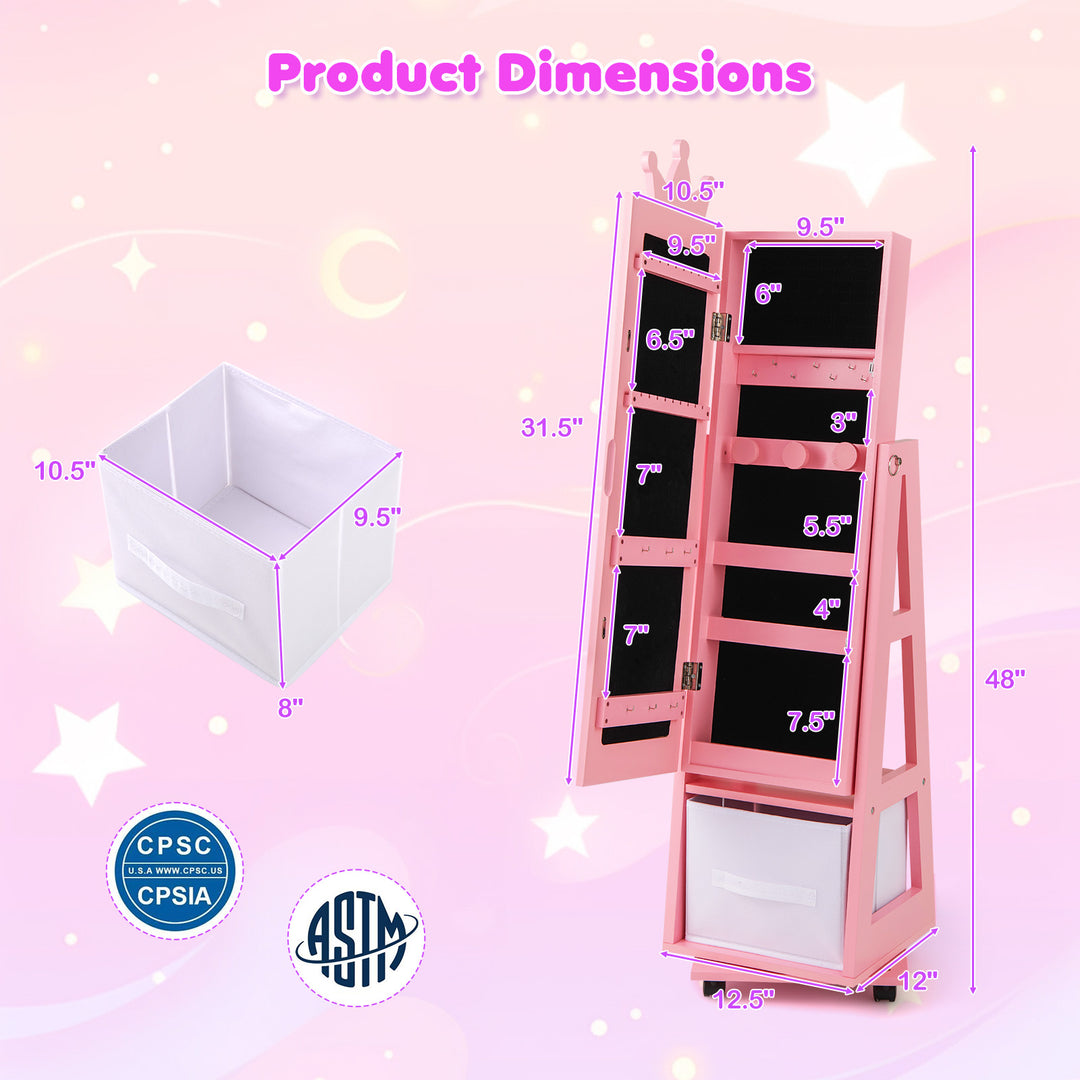 Kids Jewelry Armoire Cabinet with Swivel Base and Lockable Universal Wheels-Pink